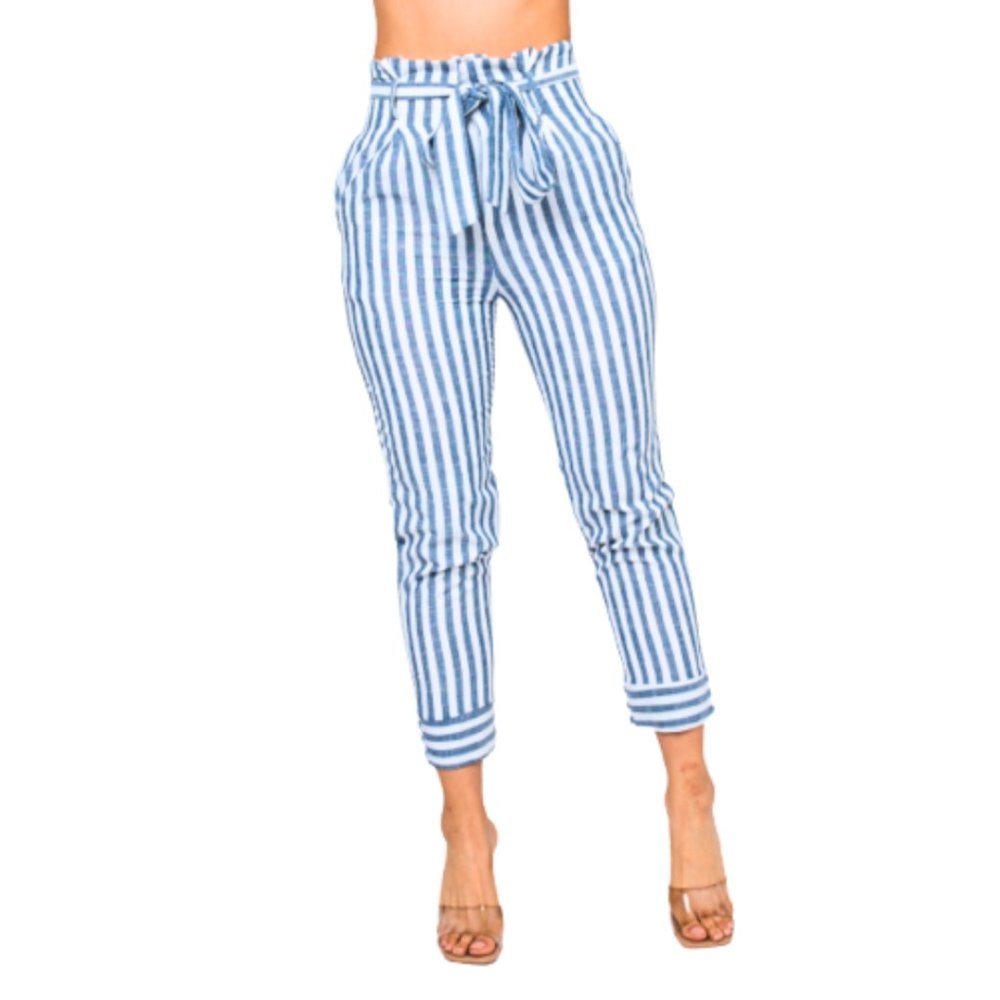 NWT Women's Nautical Blue and White Striped Cropped High Waist Pants Tie Belt - Picture 4 of 5